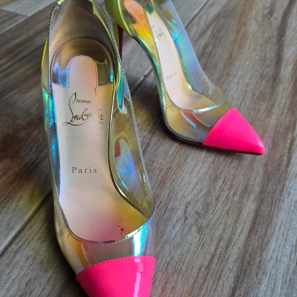 Christian Louboutin Debout 100 Patent Fushia Leather PVC Riviera Pumps. Eur. 37